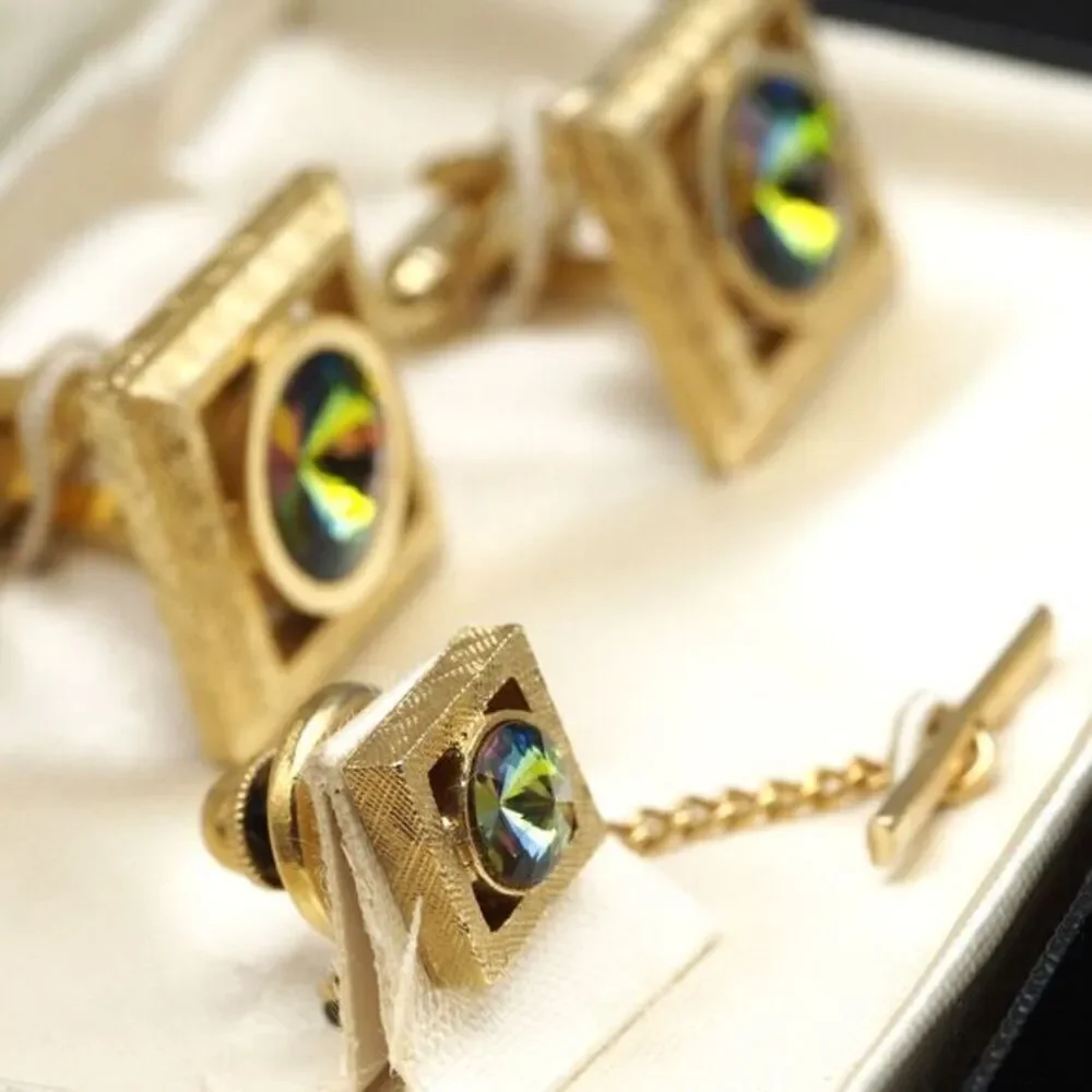 VTG 1960s Iridescent GP Cufflinks + Tie Tack Set Envoy